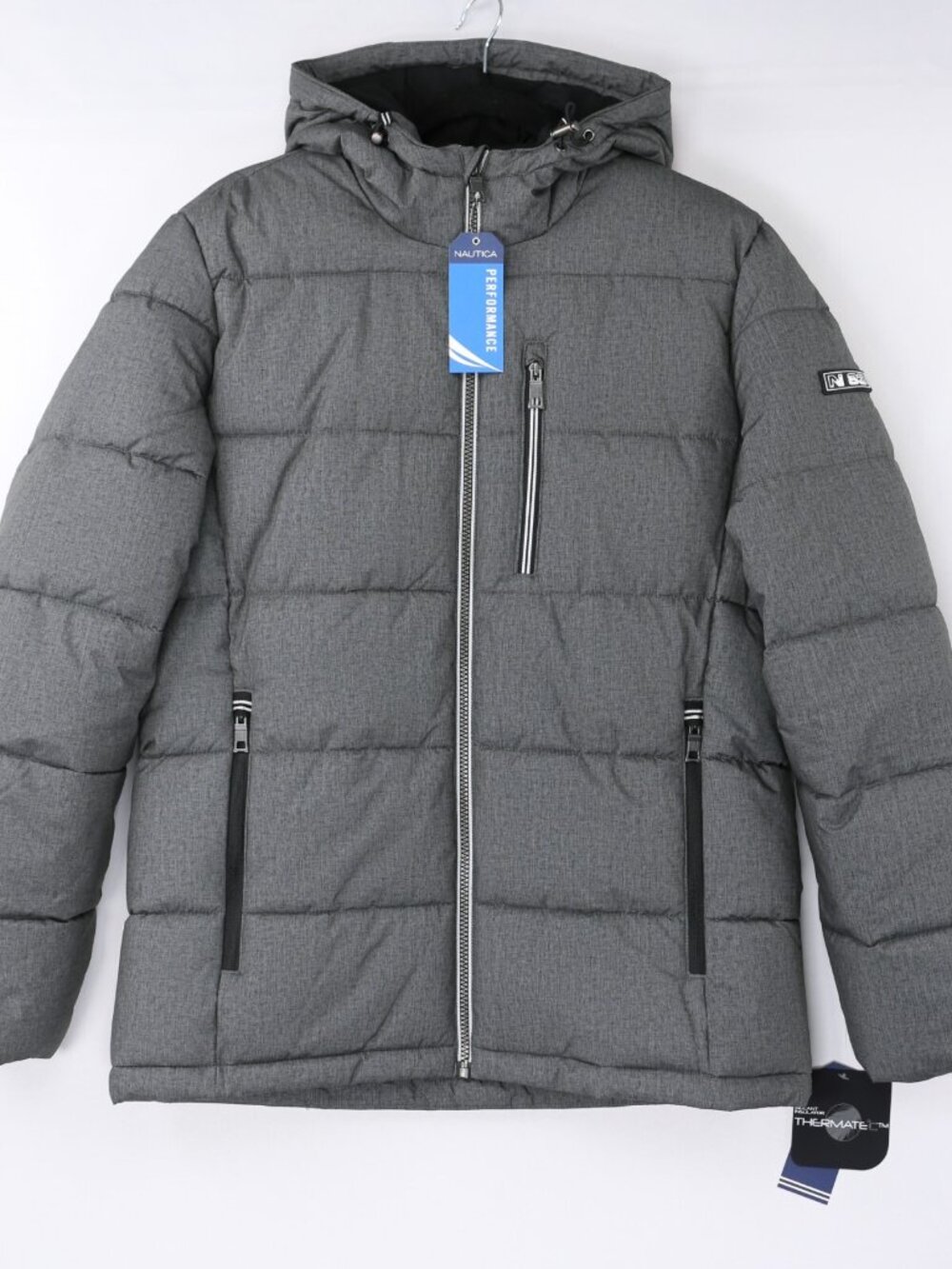 Nautica Puffer Jacket Stretch Hooded Water Resistant Heather Grey Gray